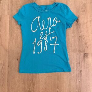 (2012) Aeropostale Women's Graphic Tee Turquoise Blue Silver Logo Shirt Large